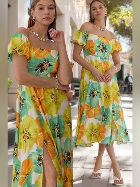 Entro | The Poppy Midi Dress Summer Bold Floral Off Shoulder Style New Medium